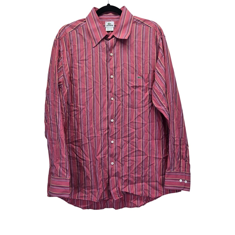 Lacoste Mens Striped Long Sleeve Button Down Shirt Pink Yellow Size 44 XL Preppy
